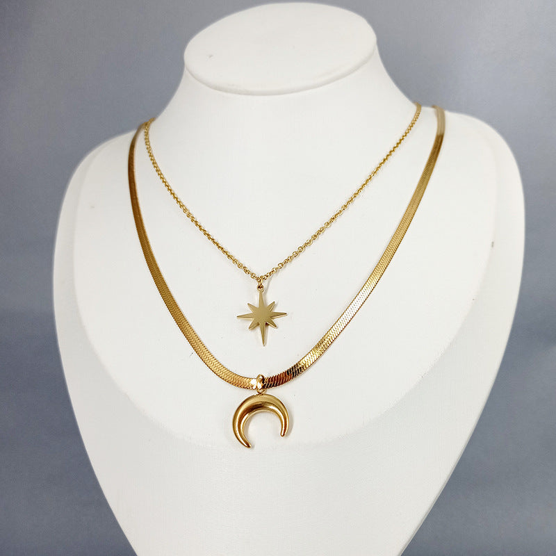 Double Hexagram Moon Necklace Stainless Steel Necklace