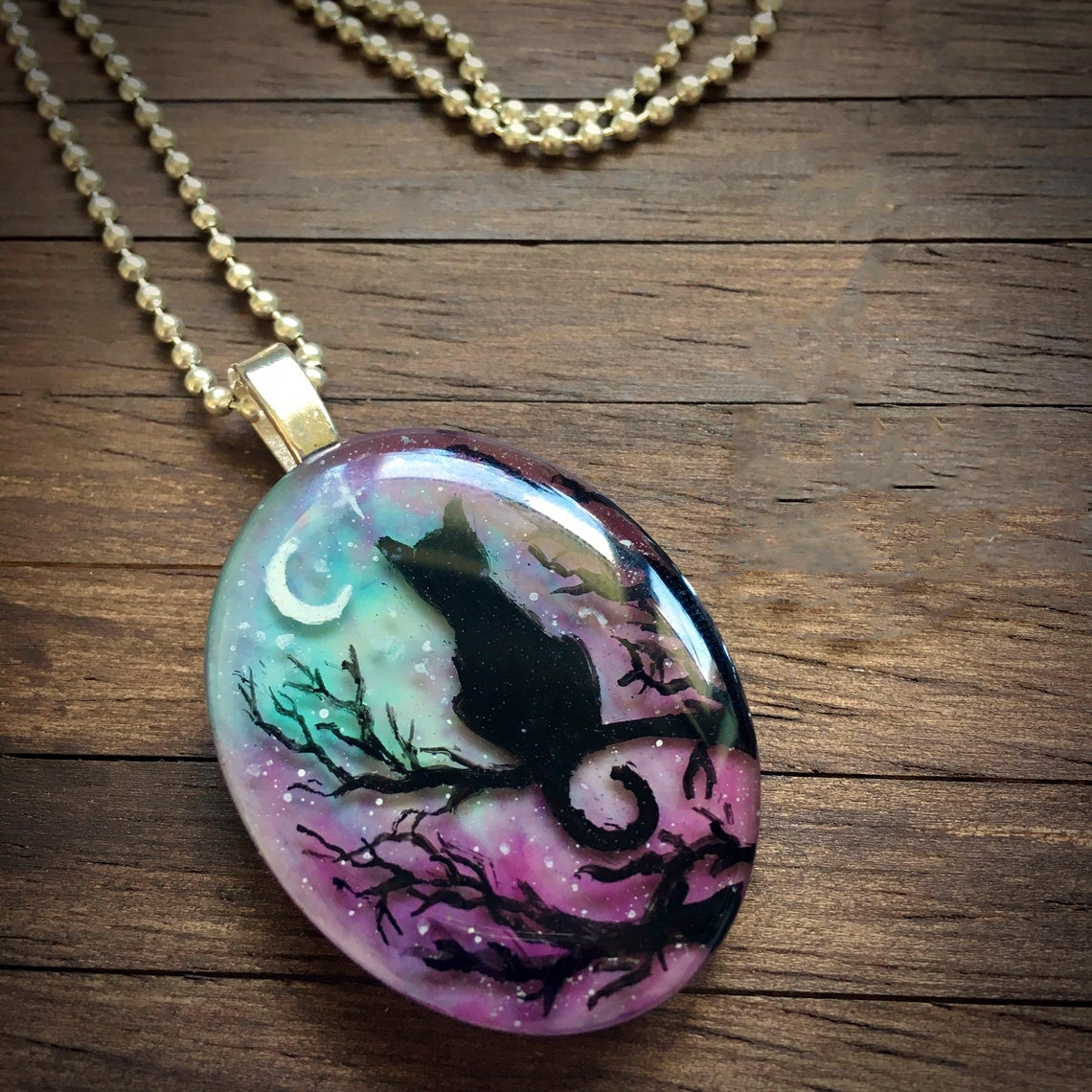 Gothic Cat Forest Charm Necklace Witch Jewelry Gift
