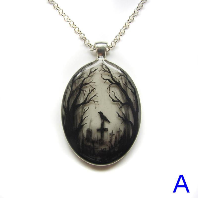 Gothic Cat Forest Charm Necklace Witch Jewelry Gift