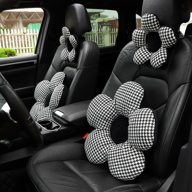 Car Headrest Waist Cushion Houndstooth Flower Shaped Car Neck Pillow Cushion