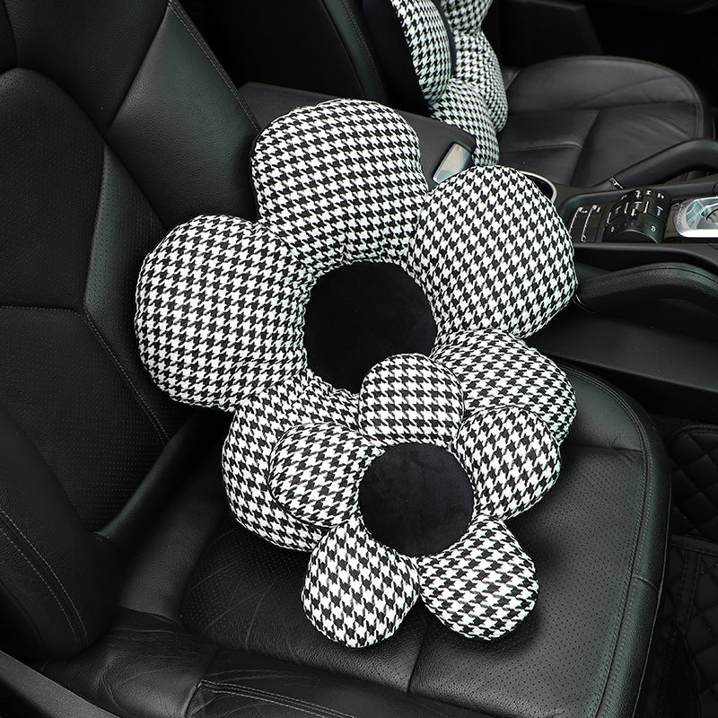 Car Headrest Waist Cushion Houndstooth Flower Shaped Car Neck Pillow Cushion