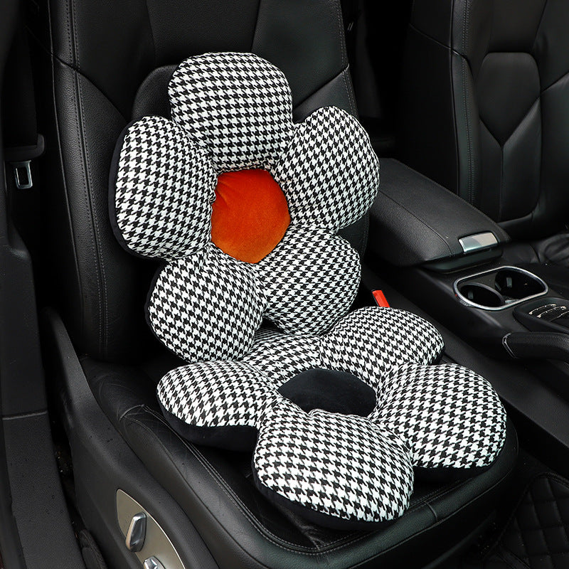 Car Headrest Waist Cushion Houndstooth Flower Shaped Car Neck Pillow Cushion