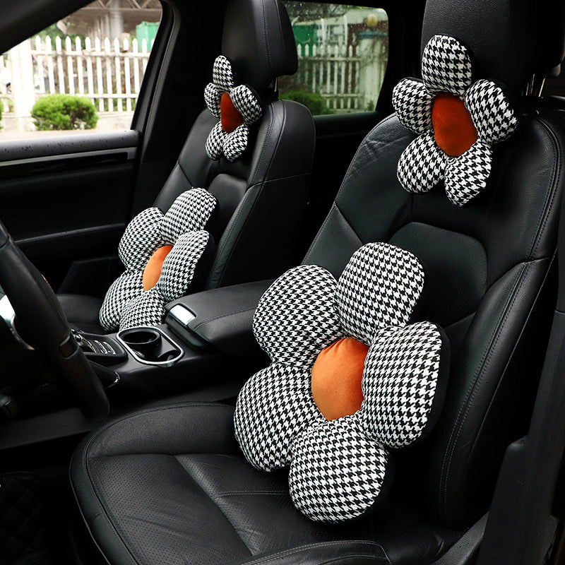 Car Headrest Waist Cushion Houndstooth Flower Shaped Car Neck Pillow Cushion