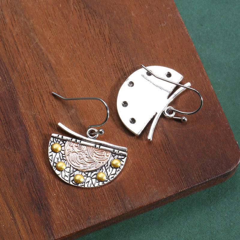 Vintage Metal Carving Pattern Fan Drop Earrings 1Pair