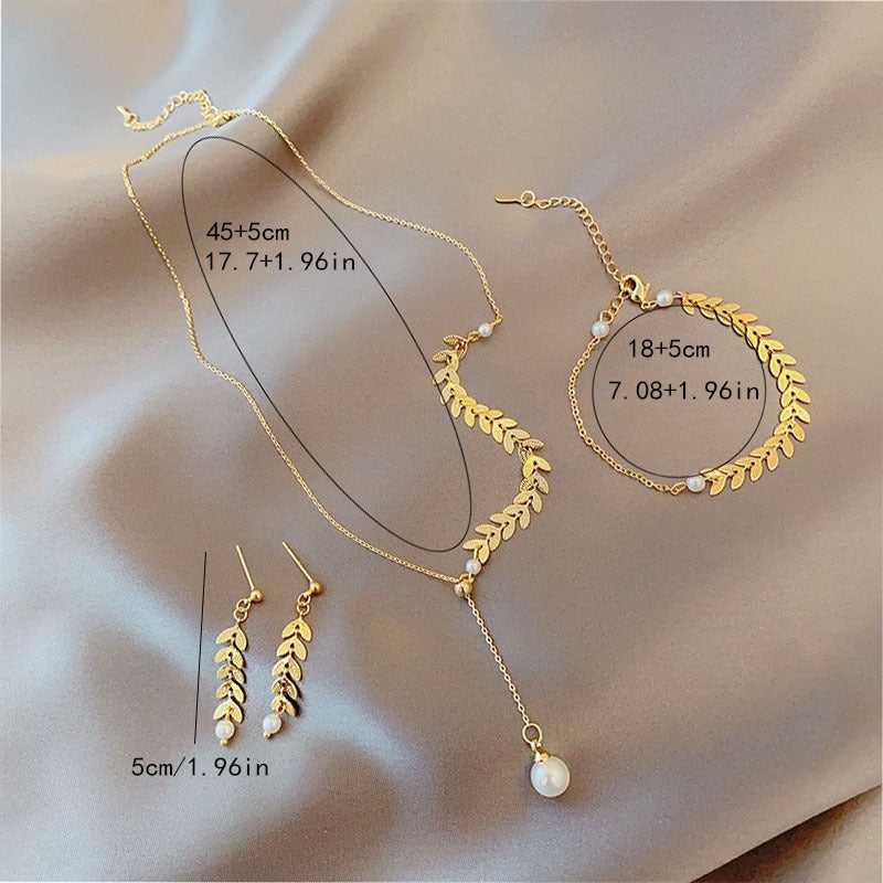 Wheat Ear Chain Necklace Bracelet Earrings Set Jewelry Gift