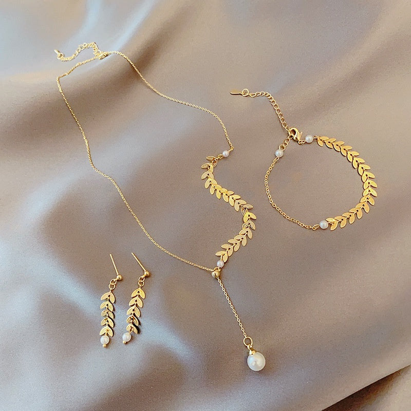 Wheat Ear Chain Necklace Bracelet Earrings Set Jewelry Gift
