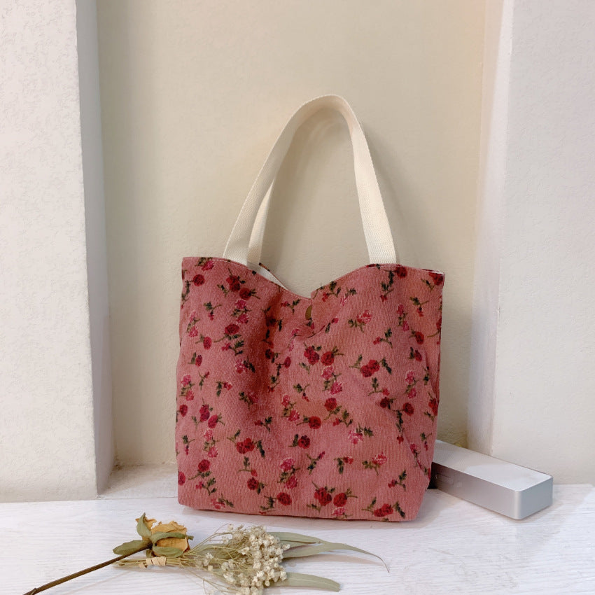 Floral Pattern Corduroy Handbag Lunch Bag Snap Button Satchel Purse
