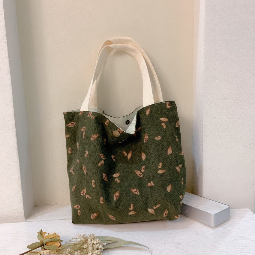 Floral Pattern Corduroy Handbag Lunch Bag Snap Button Satchel Purse
