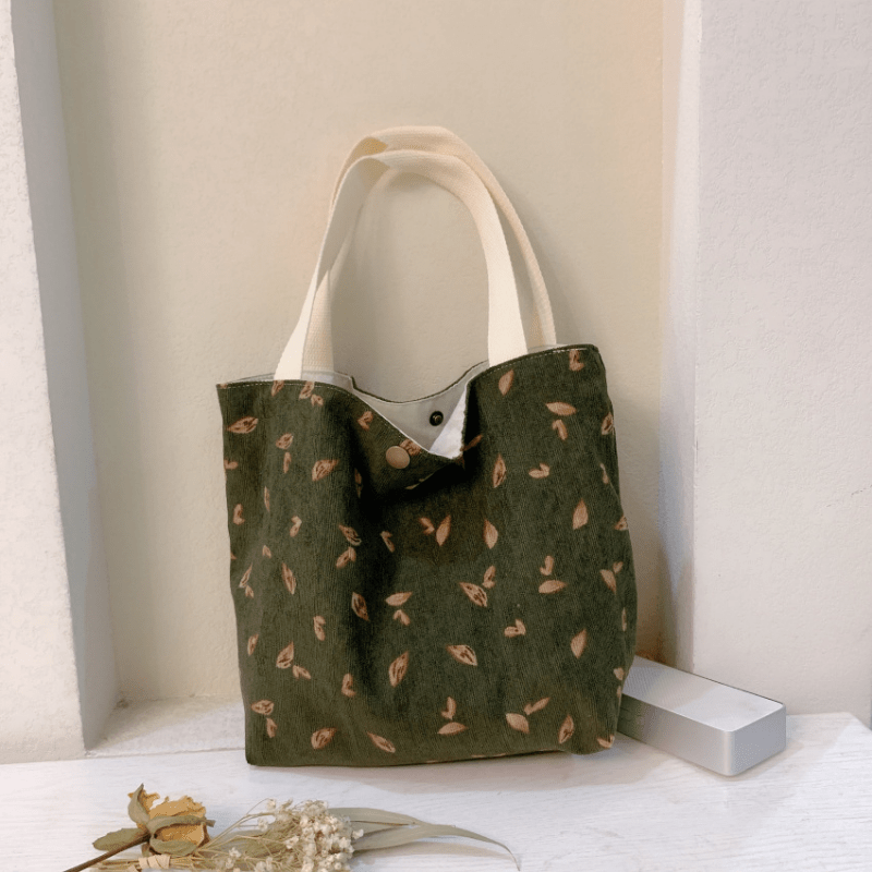 Floral Pattern Corduroy Handbag Lunch Bag Snap Button Satchel Purse