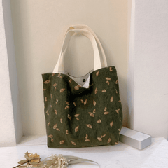 Floral Pattern Corduroy Handbag Lunch Bag Snap Button Satchel Purse