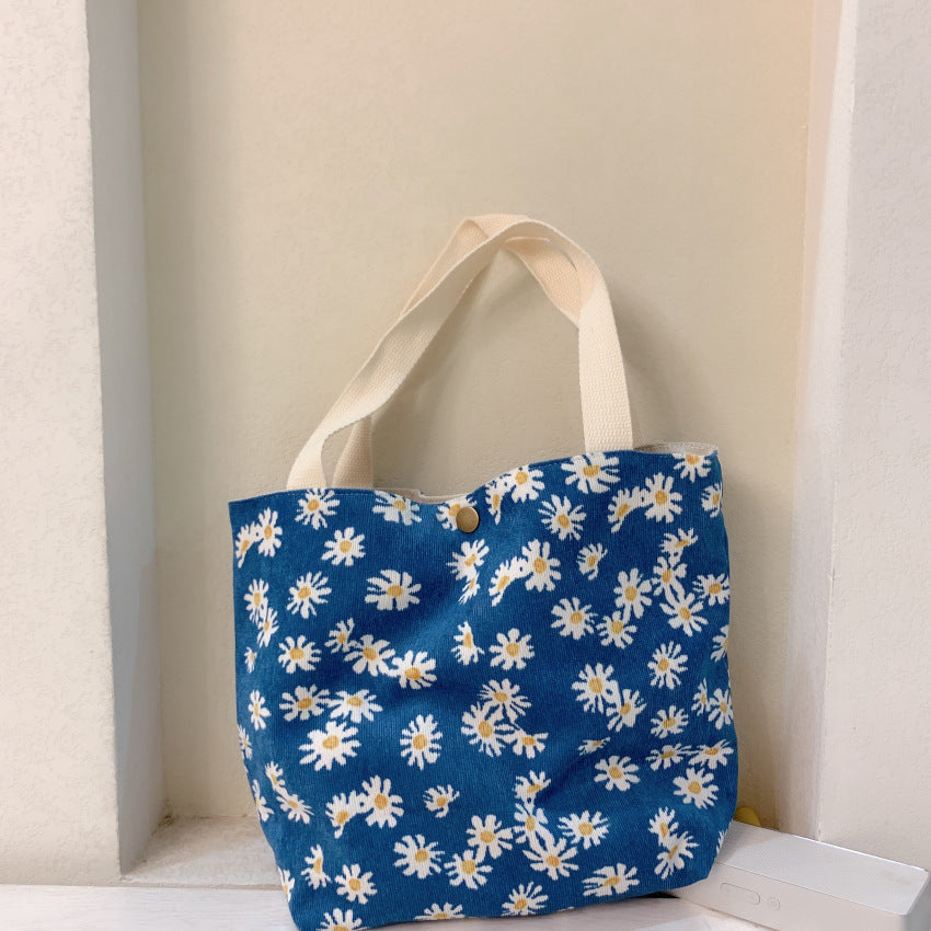 Floral Pattern Corduroy Handbag Lunch Bag Snap Button Satchel Purse