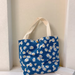 Floral Pattern Corduroy Handbag Lunch Bag Snap Button Satchel Purse