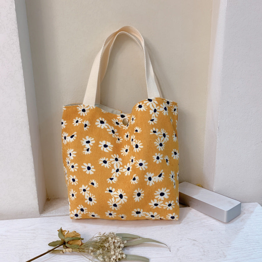 Floral Pattern Corduroy Handbag Lunch Bag Snap Button Satchel Purse
