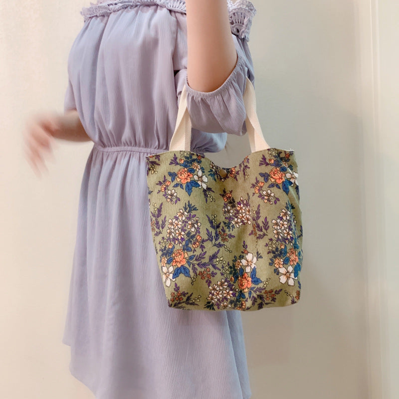 Floral Pattern Corduroy Handbag Lunch Bag Snap Button Satchel Purse