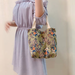 Floral Pattern Corduroy Handbag Lunch Bag Snap Button Satchel Purse