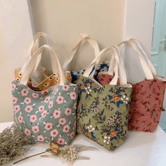 Floral Pattern Corduroy Handbag Lunch Bag Snap Button Satchel Purse