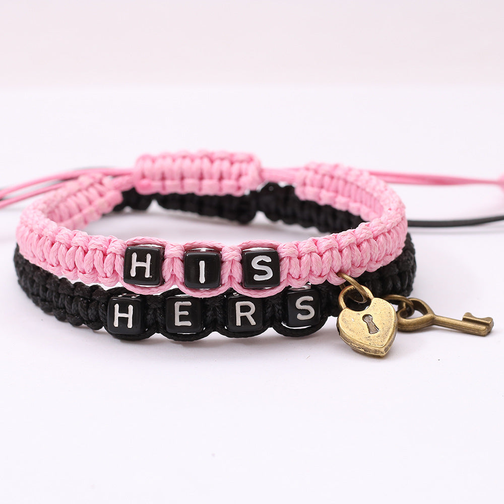 2 Pcs Lock & Key Pendant Braided Bracelet Set for Couples