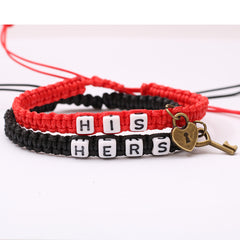 2 Pcs Lock & Key Pendant Braided Bracelet Set for Couples