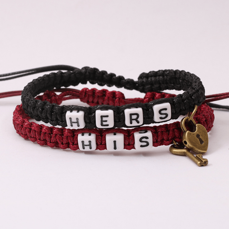 2 Pcs Lock & Key Pendant Braided Bracelet Set for Couples