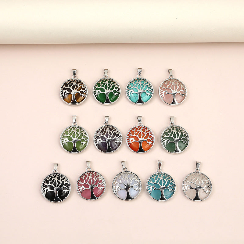 Round Natural Stone Tree Of Life Pendant for Jewelry Making