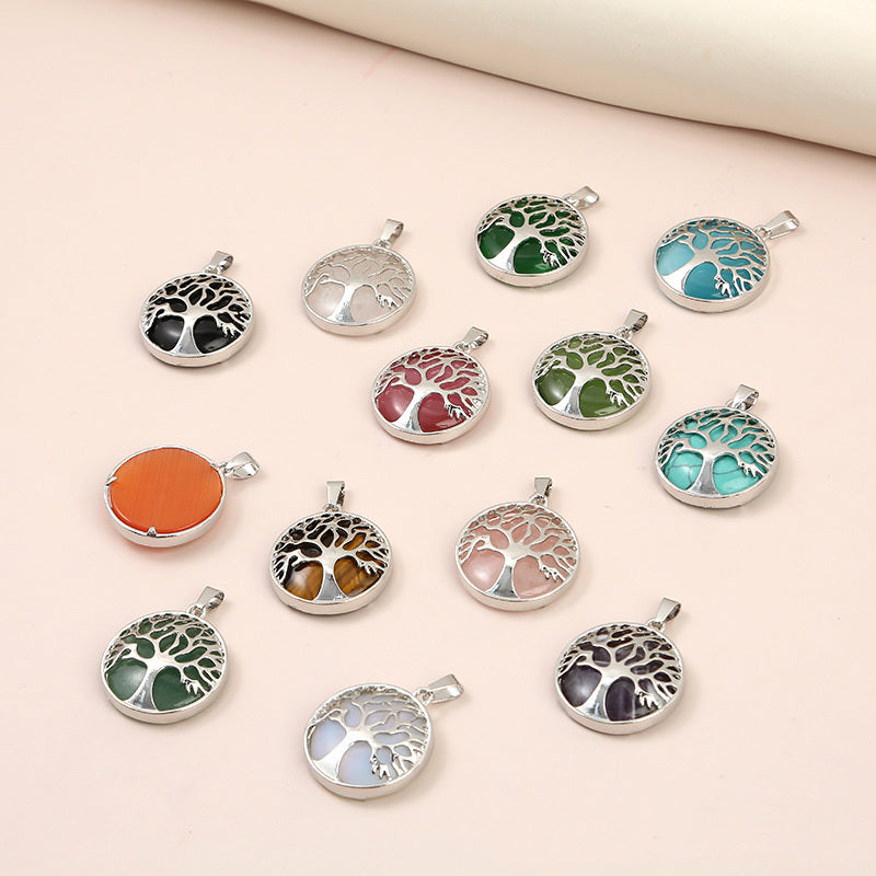Round Natural Stone Tree Of Life Pendant for Jewelry Making