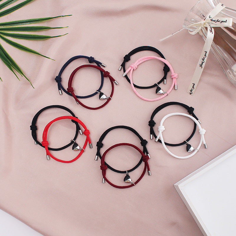 Heart Pendant Braided Bracelet Couples Matching 2 Pcs Gift