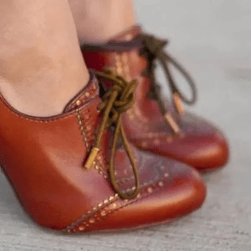 Women's Lace-up Chunky High Heels Faux Leather Retro Round Toe Stacked Pumps