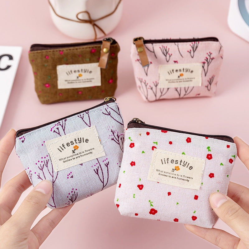 Flower Pattern Coin Purse Canvas Zipper Pouch Clutch