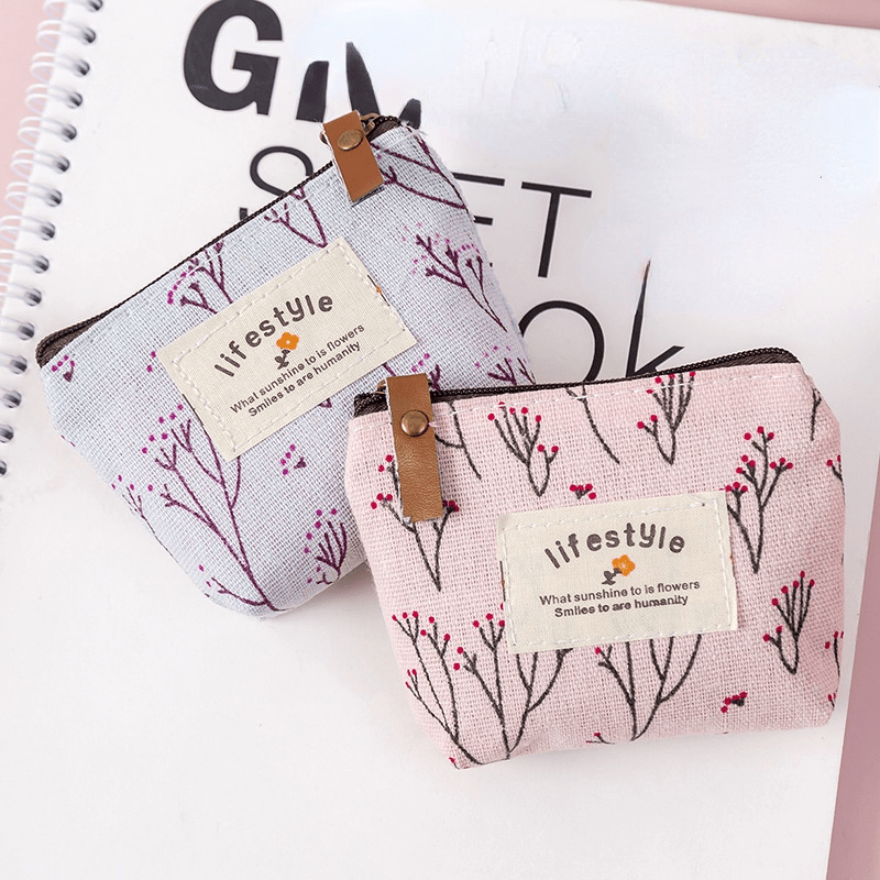 Flower Pattern Coin Purse Canvas Zipper Pouch Clutch