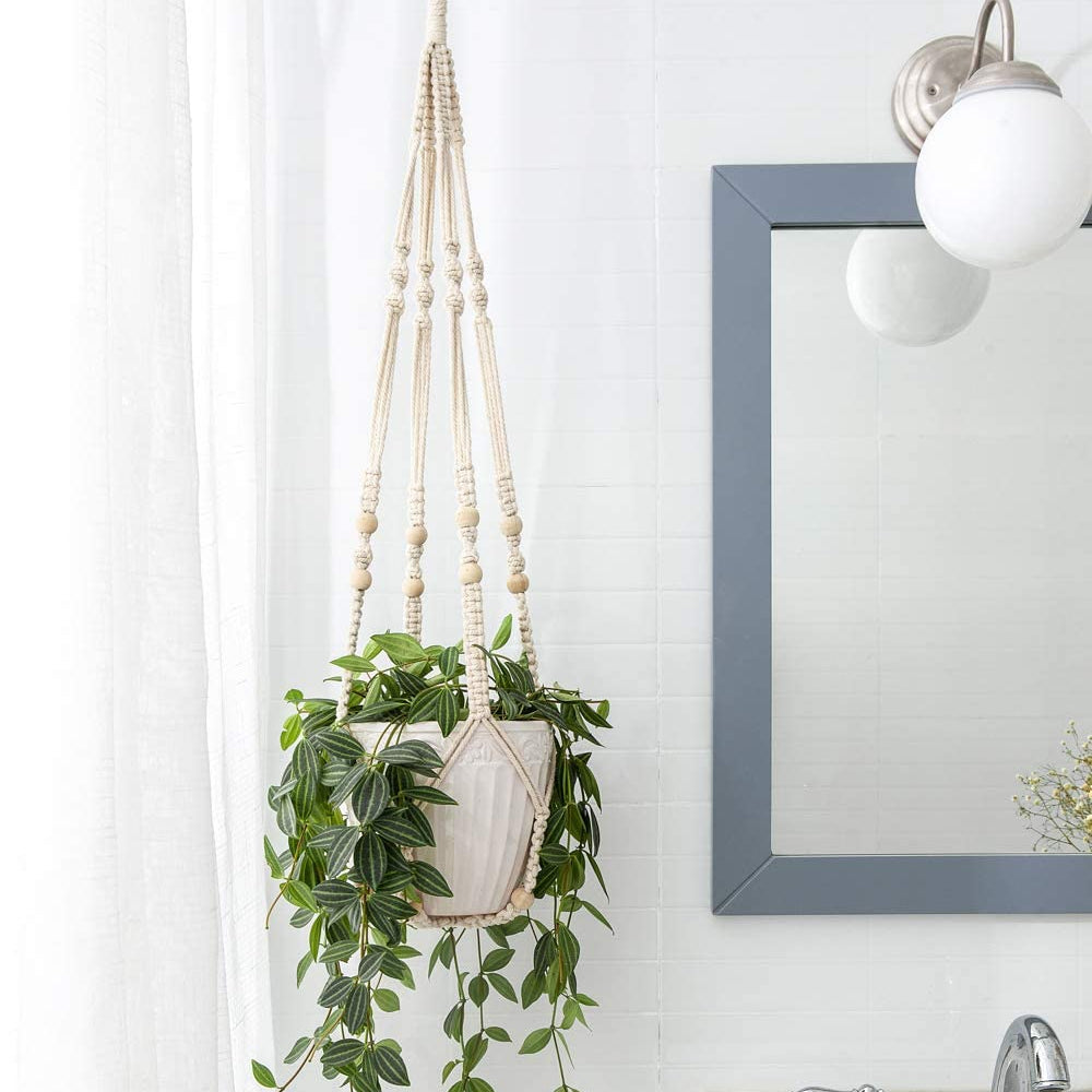 Macrame Plant Hanger Indoor Hanging Planter Basket Wood Beads