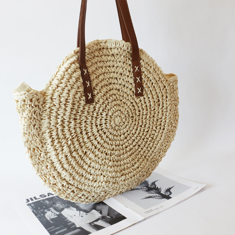 Boho Round Straw Shoulder Bag for Women