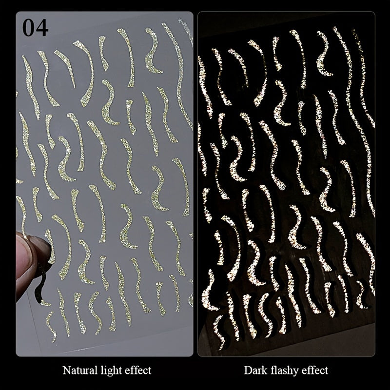 Glitter Golden French Nail Stickers Sparkly 3D Curve Stripe Nail Decals