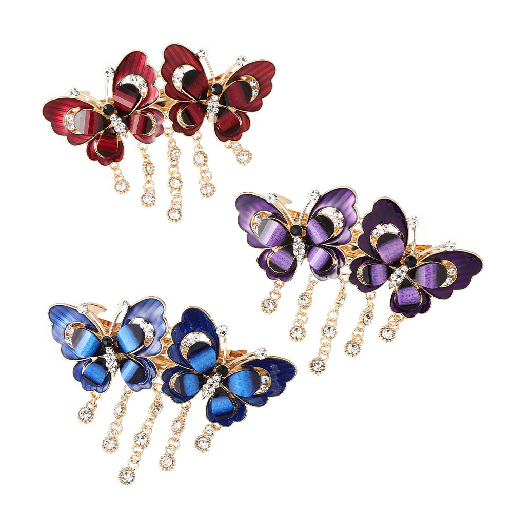 Butterfly Rhinestone Hair Clips Metal Enamel Flower Vintage Hairpins With Tassel