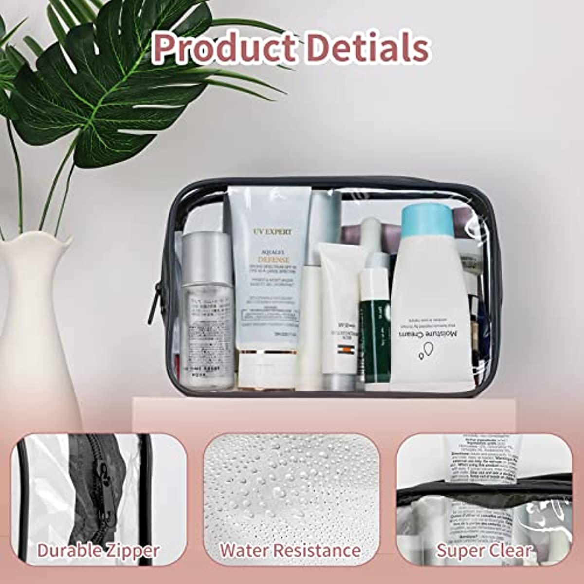 2 Pcs Clear Makeup Bags with Zippers