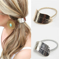 Alloy Feather Leaf Hair Tie Boho Vintage Stretchy Rubber Bands Ponytail Holder