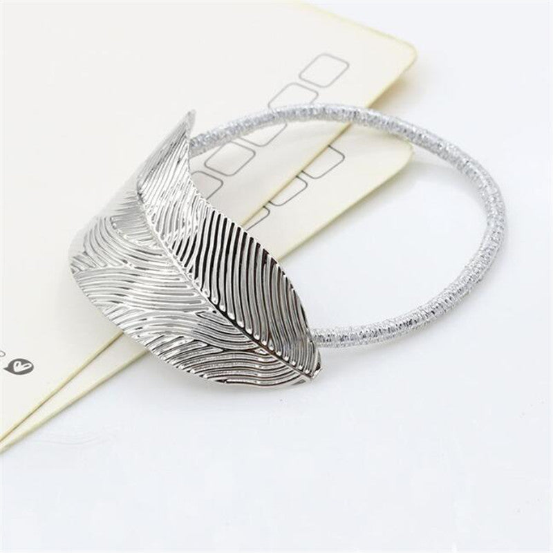 Alloy Feather Leaf Hair Tie Boho Vintage Stretchy Rubber Bands Ponytail Holder