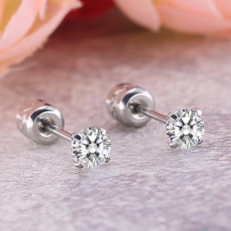 2 Pairs CZ Stud Earrings 6mm Stainless Steel Jewelry