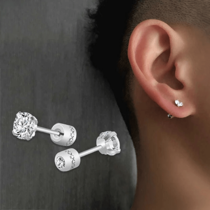 2 Pairs CZ Stud Earrings 6mm Stainless Steel Jewelry