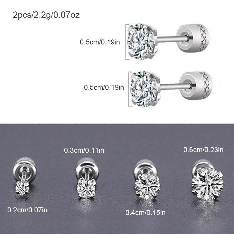 2 Pairs CZ Stud Earrings 6mm Stainless Steel Jewelry