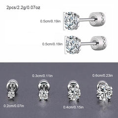 2 Pairs CZ Stud Earrings 6mm Stainless Steel Jewelry
