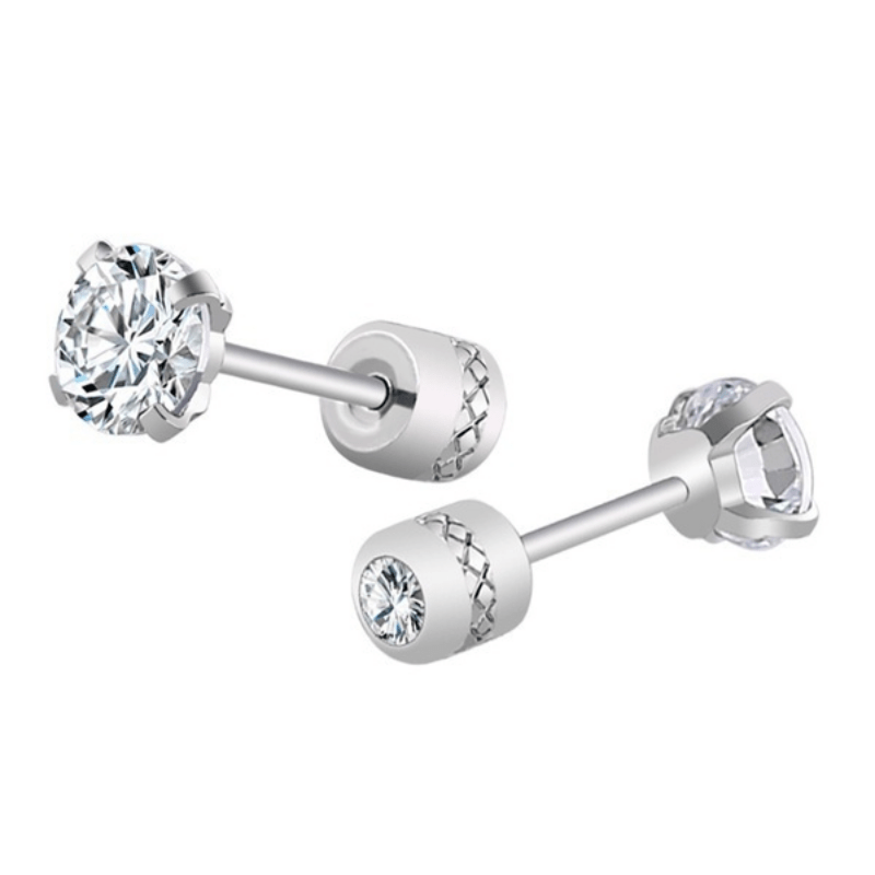 2 Pairs CZ Stud Earrings 6mm Stainless Steel Jewelry