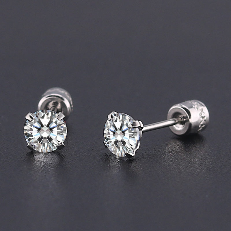 2 Pairs CZ Stud Earrings 6mm Stainless Steel Jewelry