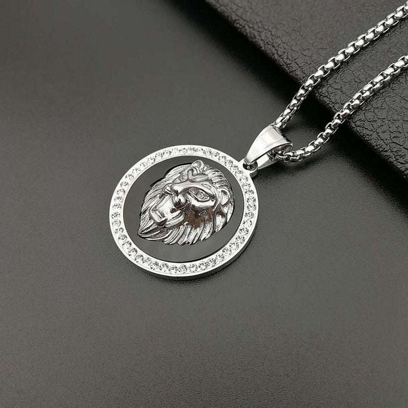 Hip Hop Lion Head Pendant Necklace Plated Faux Diamond