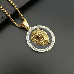 Hip Hop Lion Head Pendant Necklace Plated Faux Diamond