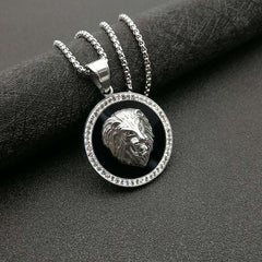 Hip Hop Lion Head Pendant Necklace Plated Faux Diamond