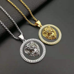 Hip Hop Lion Head Pendant Necklace Plated Faux Diamond