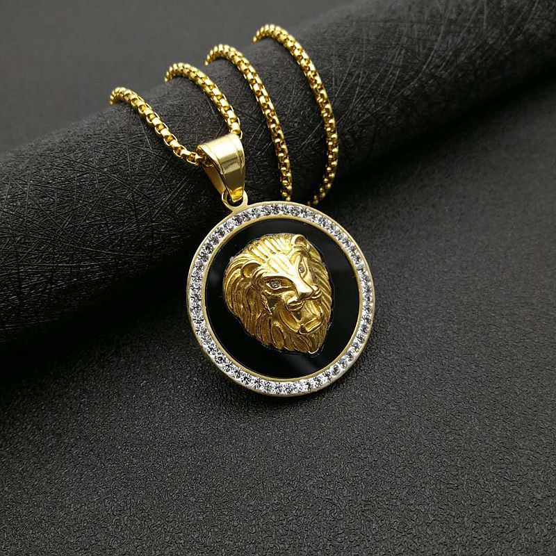 Hip Hop Lion Head Pendant Necklace Plated Faux Diamond