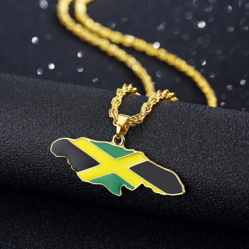 Jamaica Map Pattern Pendant Necklace Hip Hop Drip Oil Necklace