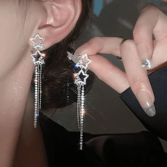 Hollow Star Long Tassel Earrings Double Star Inlaid Zircon Jewelry Gift