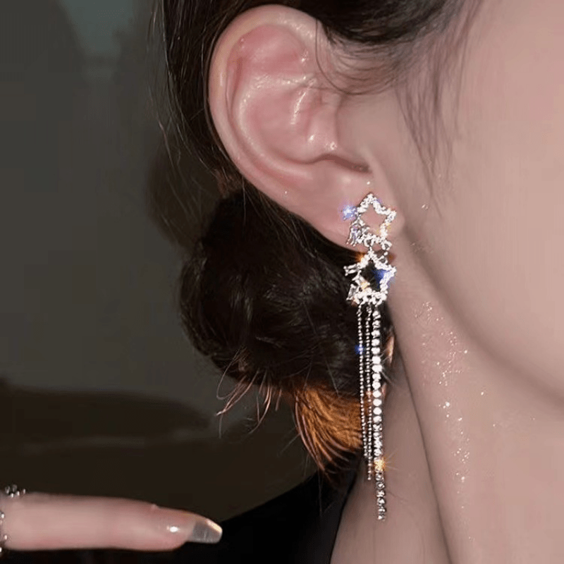 Hollow Star Long Tassel Earrings Double Star Inlaid Zircon Jewelry Gift